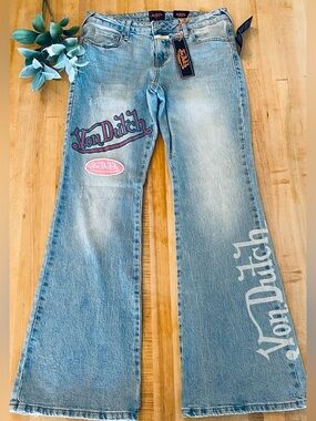 Von Dutch Light Blue Denim Flare Jeans with Logo Patches